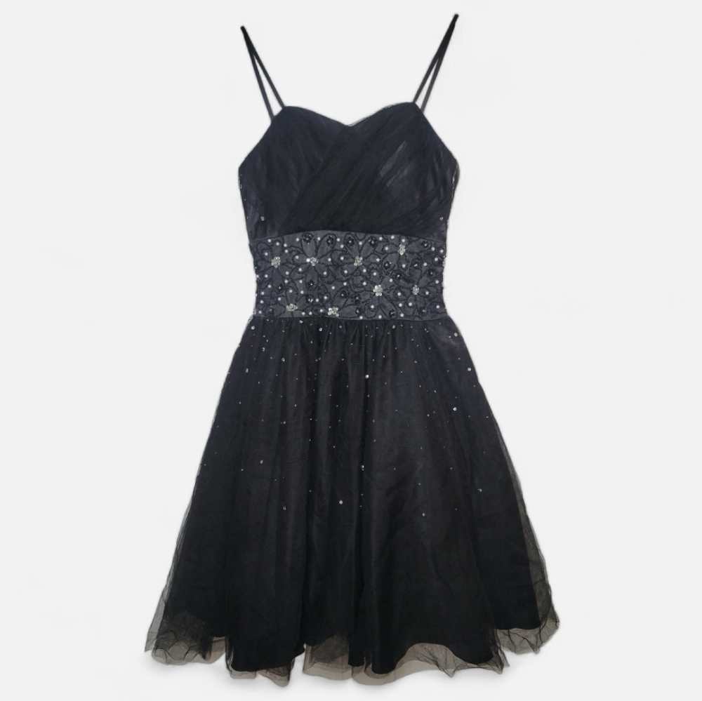 May Queen Black & Silver Beaded Strappy Dress Tutu Formal Homecoming Party 6